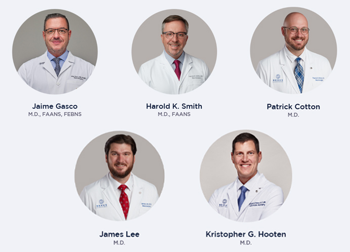 UMC Healthcare Partners Nexus Neurosurgery Team headshots. From left to right: Dr. Jaime Gasco, FAANS, FEBNS; Dr. Harold K. Smith, FAANS; Dr. Patrick Cotton; Dr. James Lee; and Dr. Kristopher Hooten.